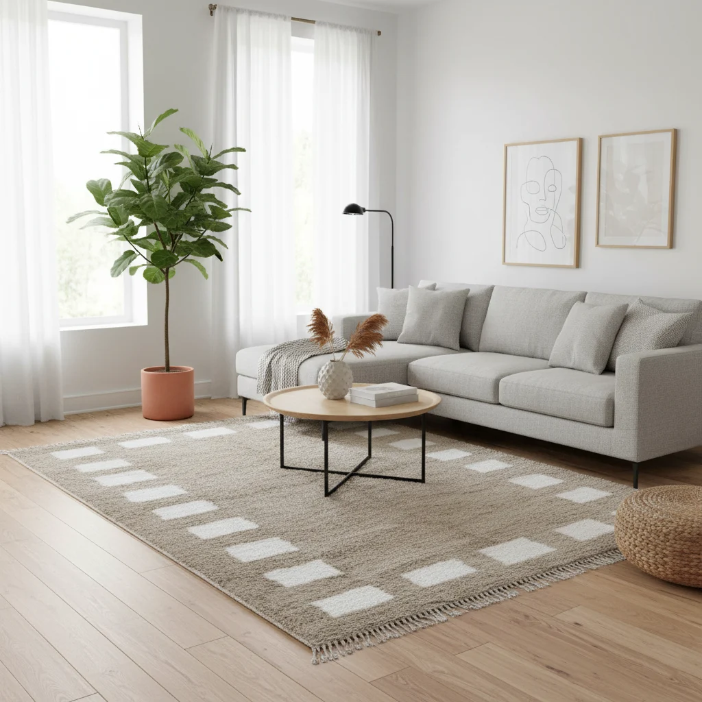 Taupe and white bordered rug under a round coffee table in front of a light gray sectional.