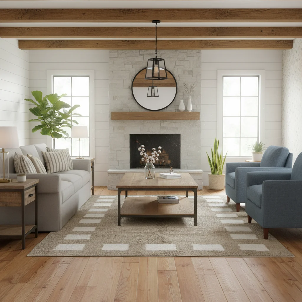 Taupe and white bordered rug in a farmhouse living room with a stone fireplace, wood beams and blue armchairs.