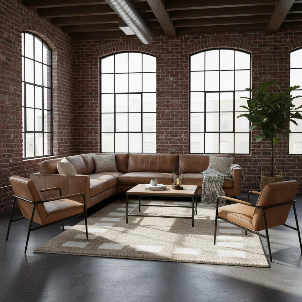 Taupe and white bordered rug in a brick loft with a tan leather sectional and arched windows.