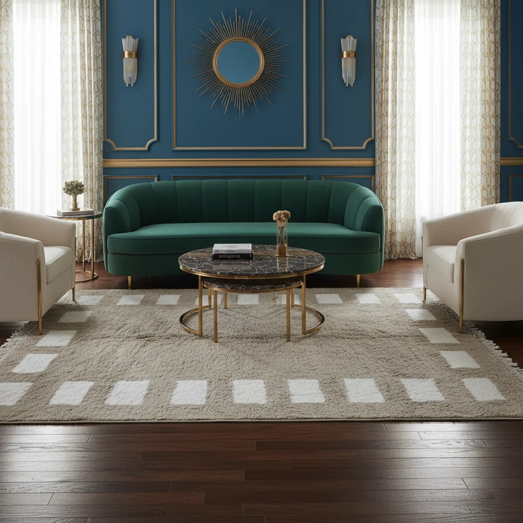 Taupe and white bordered rug in a teal paneled room with an emerald velvet sofa and a brass sunburst mirror.