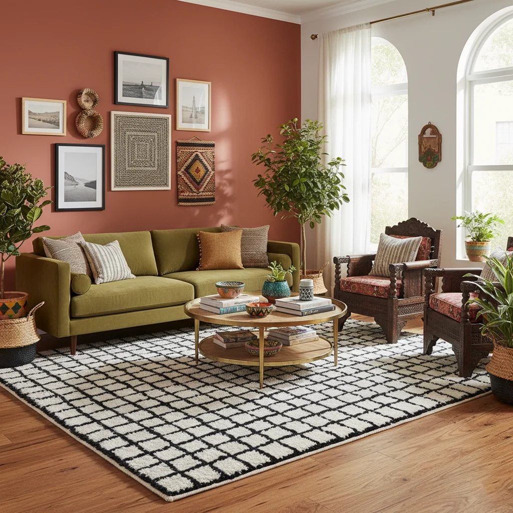 Ivory and black grid rug in a living room with a terracotta wall, an olive sofa and a gallery of framed art.