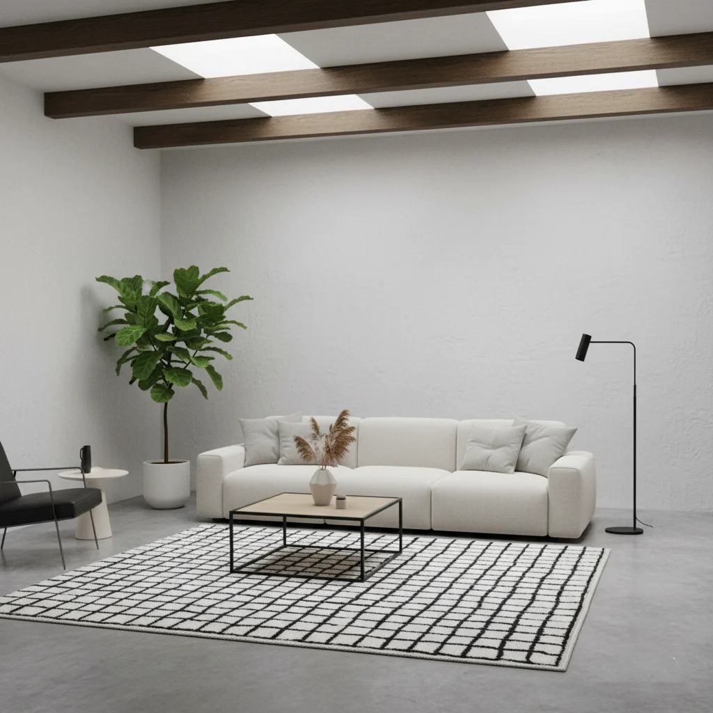 Ivory and black grid rug in a minimalist concrete room with a cream sofa and dark ceiling beams.