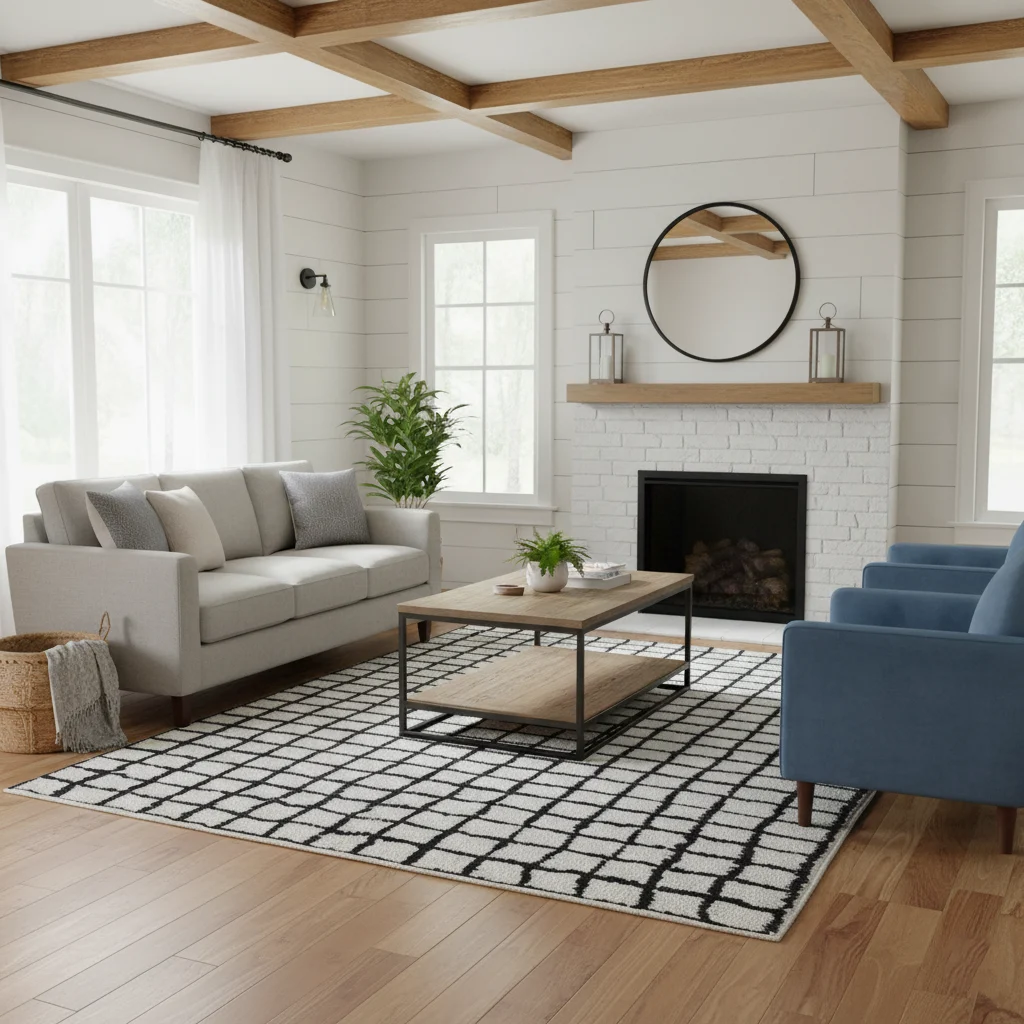 Ivory and black grid rug in a farmhouse living room with a white brick fireplace and blue armchairs.