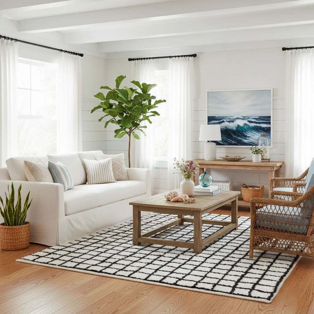 Ivory and black grid rug in a bright coastal room with a white sofa, a wicker chair and a wave painting.