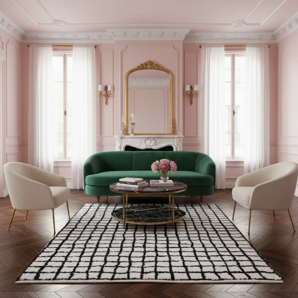 Ivory and black grid rug in a pink paneled salon with an emerald velvet sofa and a gilt mirror.
