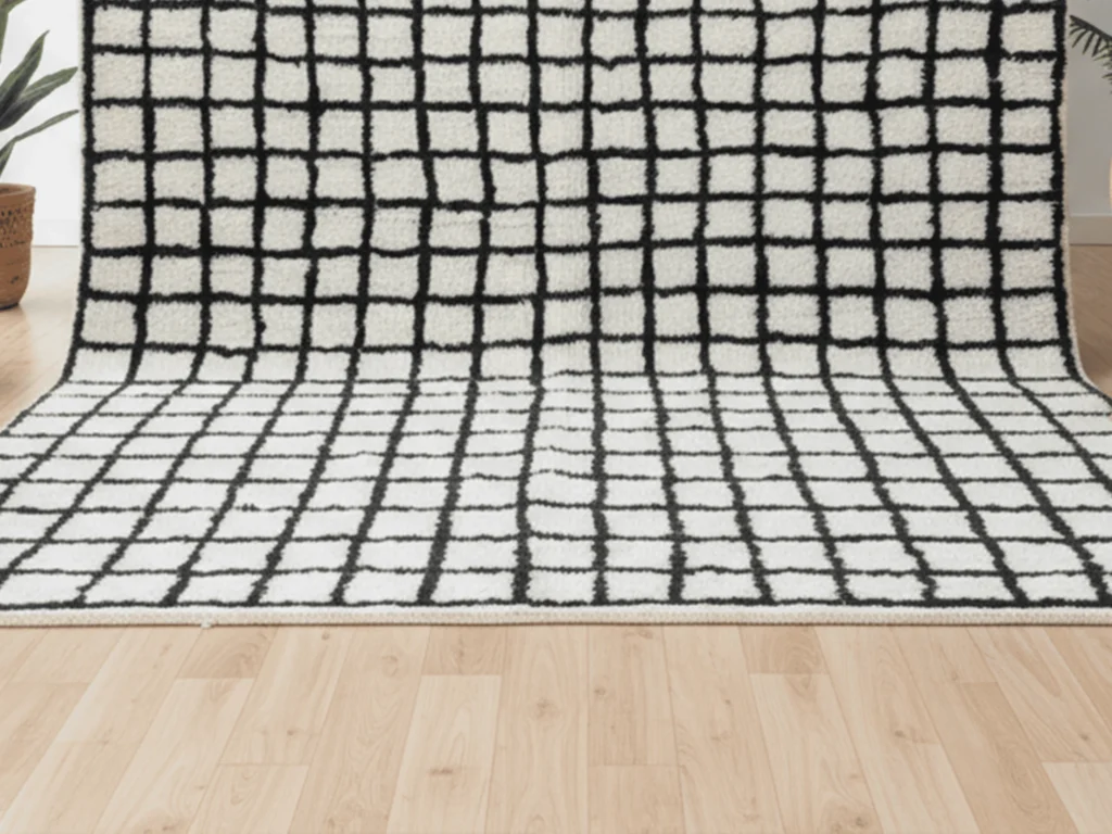 Tazrirt Moroccan Area Rug – Ivory & Black Hand-Drawn Grid – Handmade Wool