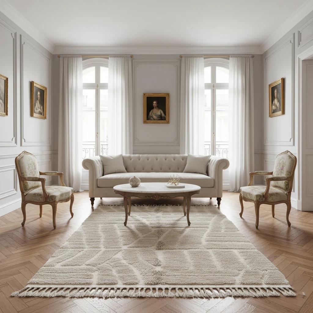 Gray and cream relief rug in a pale paneled salon with a tufted cream sofa and floral armchairs.