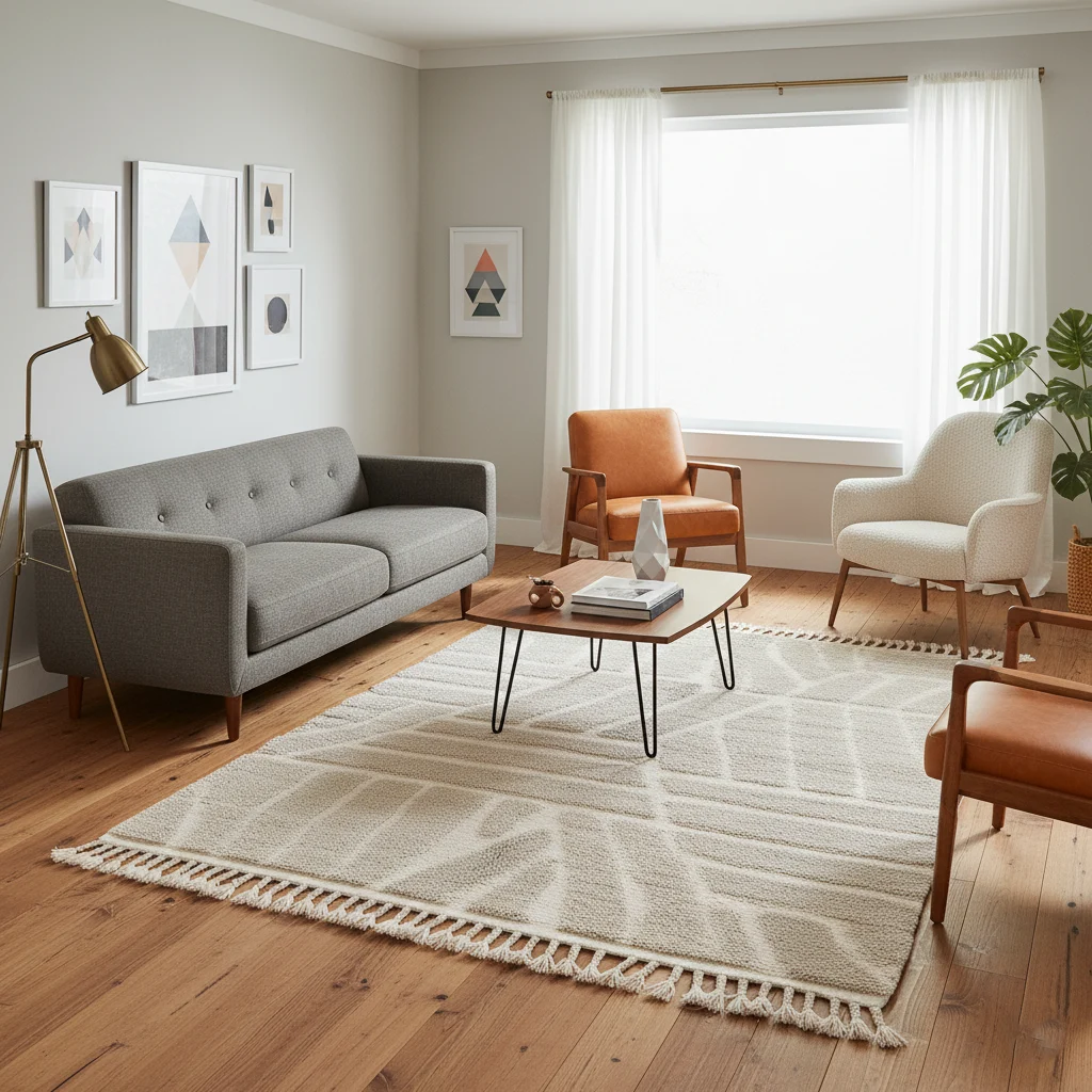 Gray and cream relief rug in a mid-century living room with a gray sofa, an orange armchair and a hairpin-leg table.