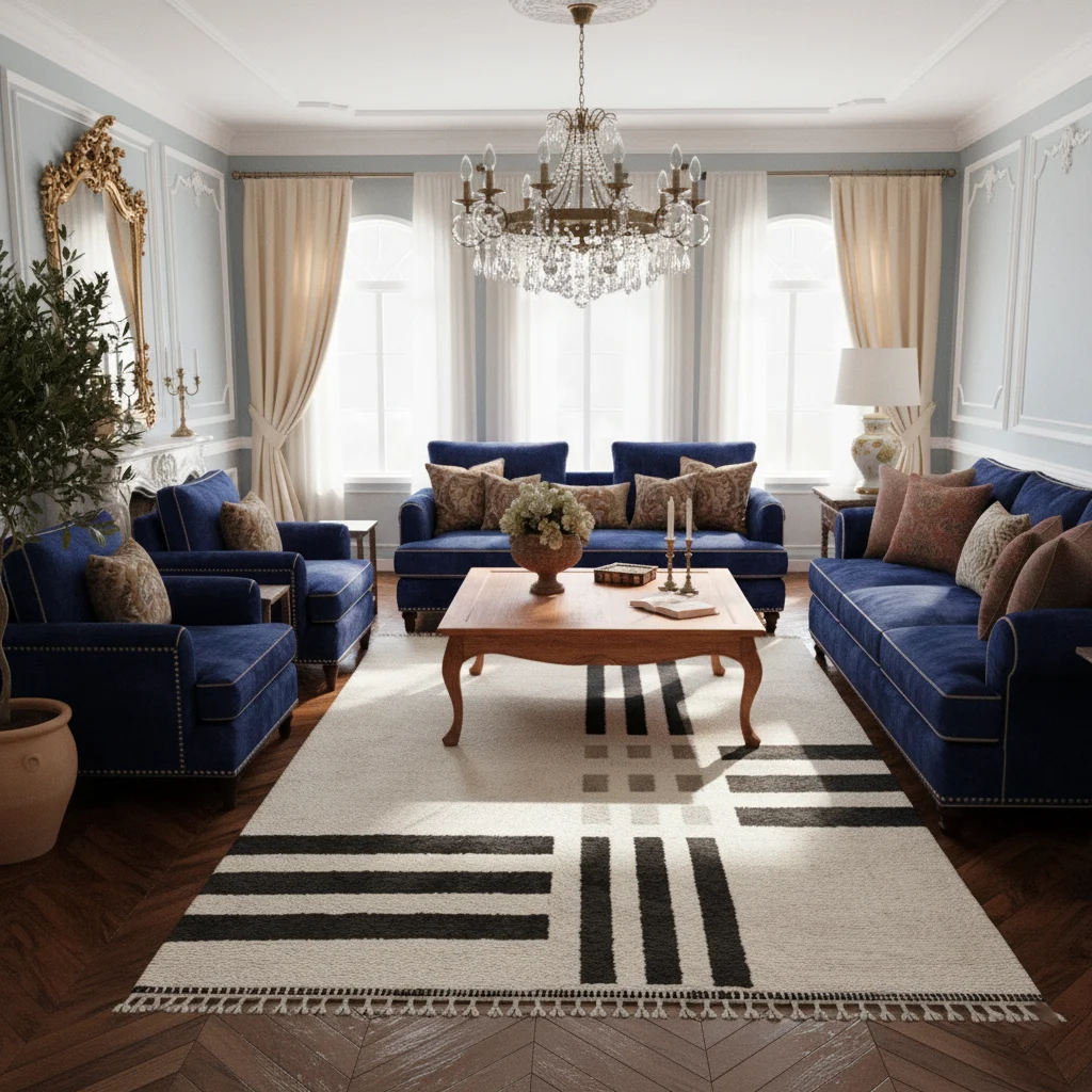 Ivory rug with black bars in a pale blue paneled salon with navy sofas and a crystal chandelier.