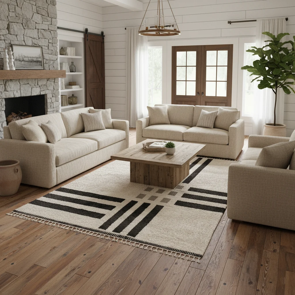 Ivory rug with black bars in a farmhouse living room with a stone fireplace and beige sofas.