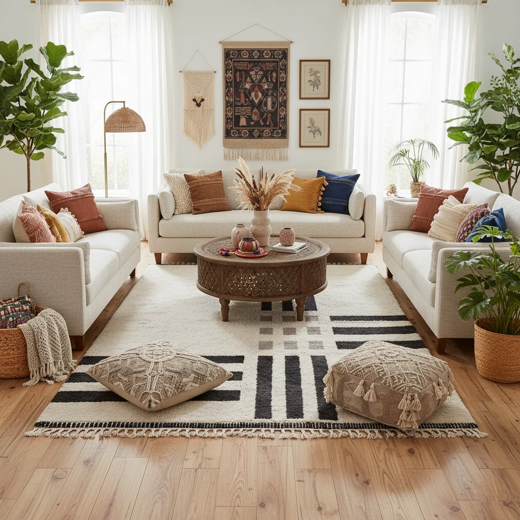 Ivory rug with black bars in a bohemian living room with cream sofas, floor poufs and a woven wall hanging.