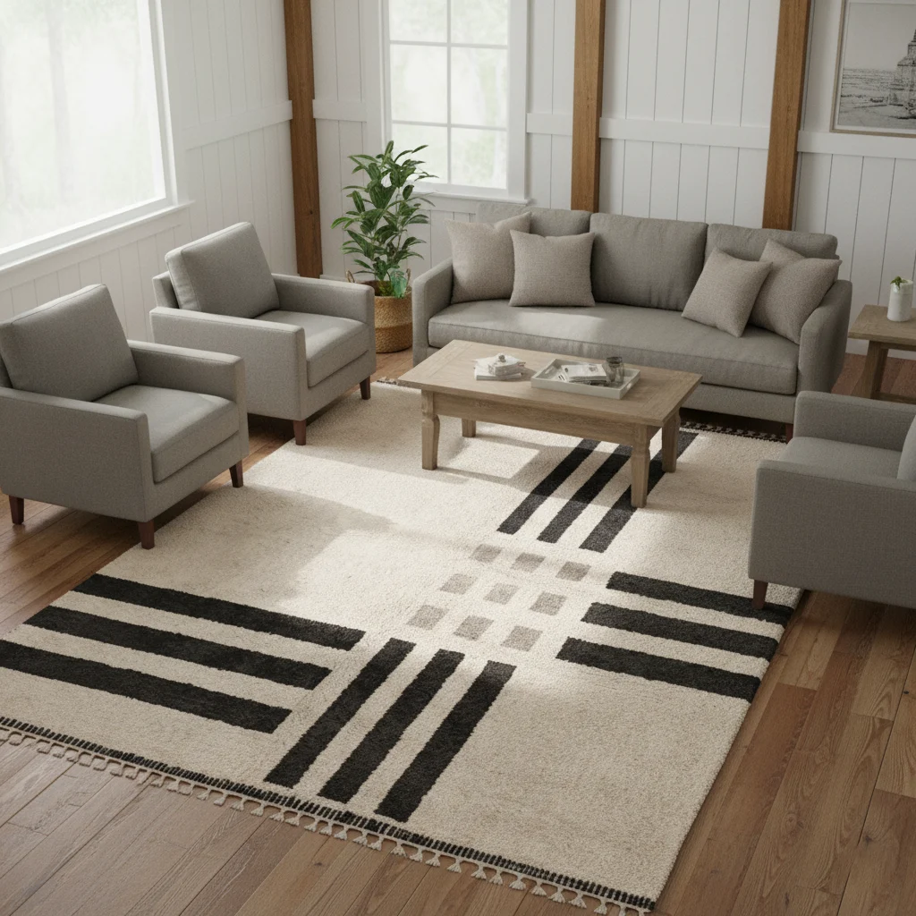Ivory rug with black bars in a white paneled room with a gray sofa, gray armchairs and a wood coffee table.