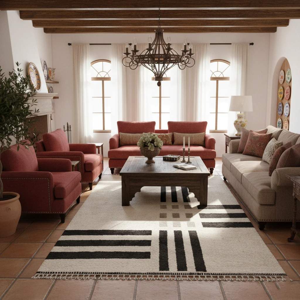 Ivory rug with black bars on terracotta tiles in a room with red sofas and dark ceiling beams.