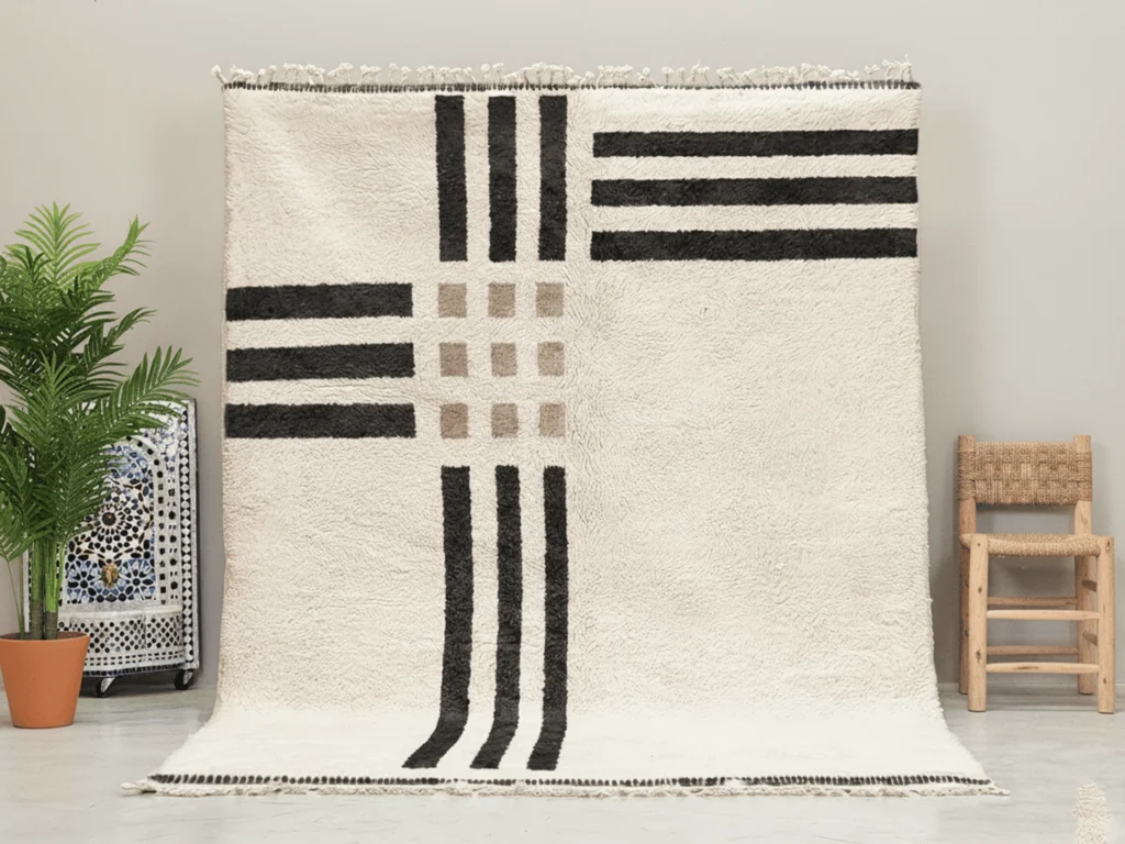 Tazrirt Moroccan Area Rug – Ivory with Black Triple Bars – Handmade Wool