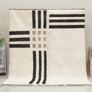 Tazrirt Moroccan Area Rug – Ivory with Black Triple Bars – Handmade Wool