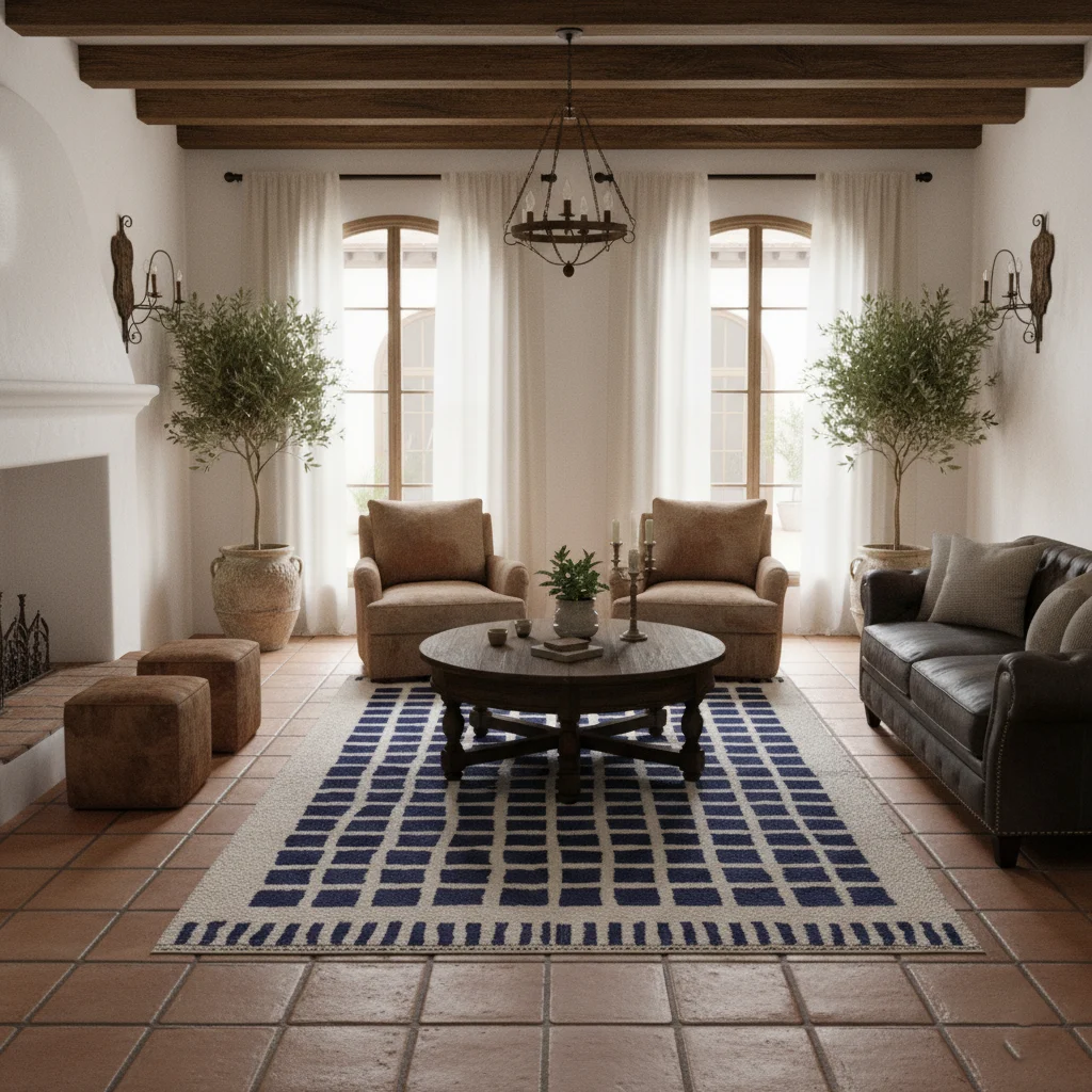 Ivory rug with indigo squares on terracotta tiles in a room with dark beams, leather seating and a round table.