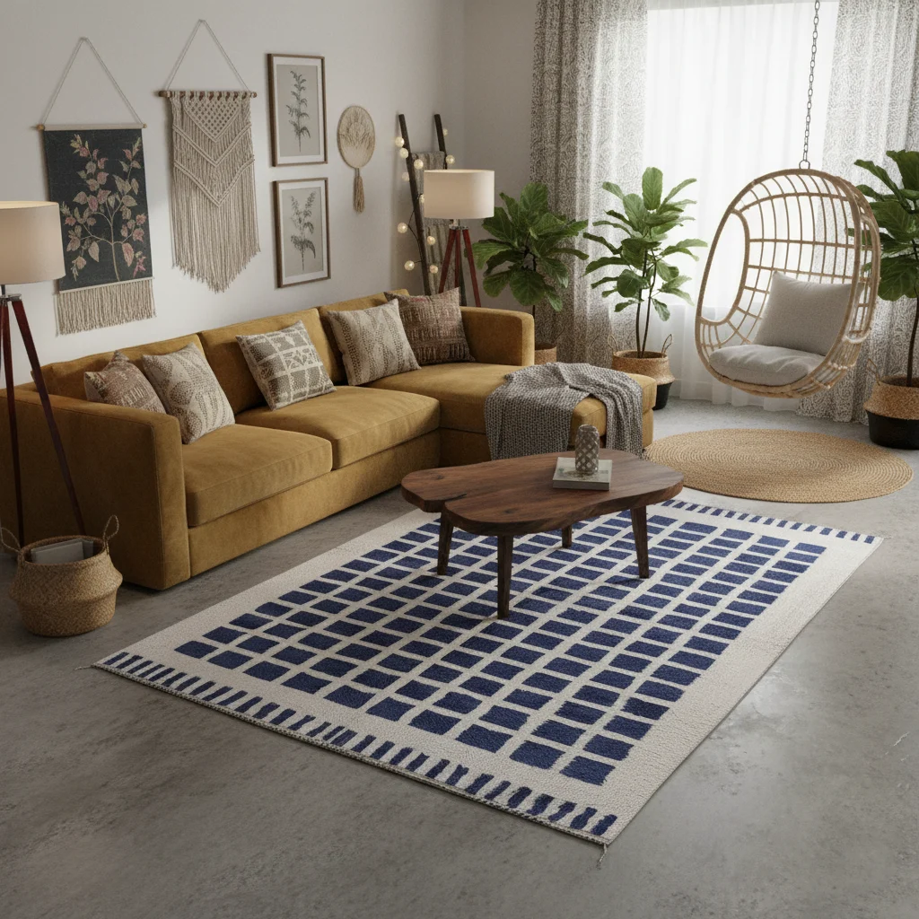 Ivory rug with indigo squares in a bohemian room with a mustard sectional and a hanging rattan chair.