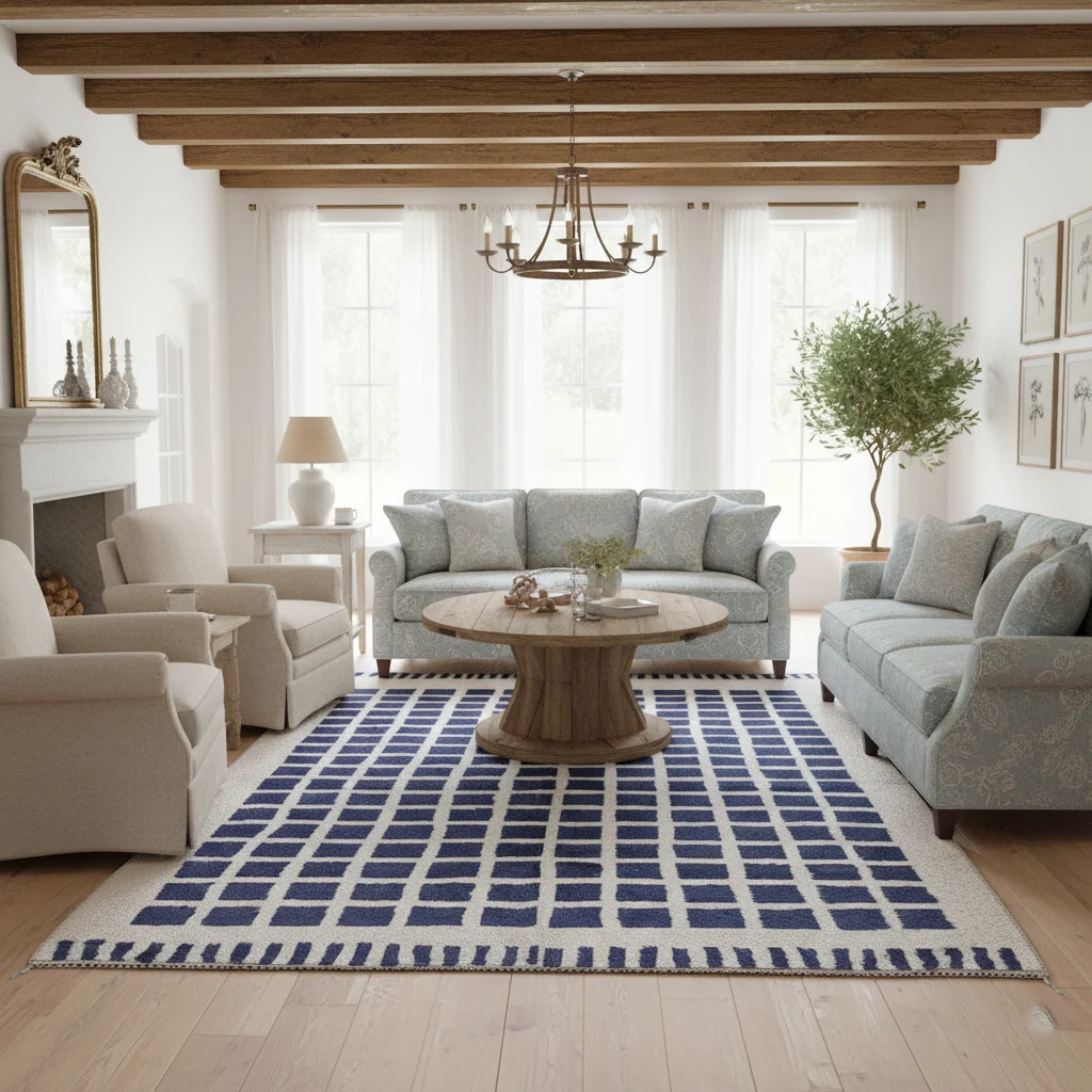 Ivory rug with indigo squares in a country living room with pale blue sofas, wood beams and a round table.