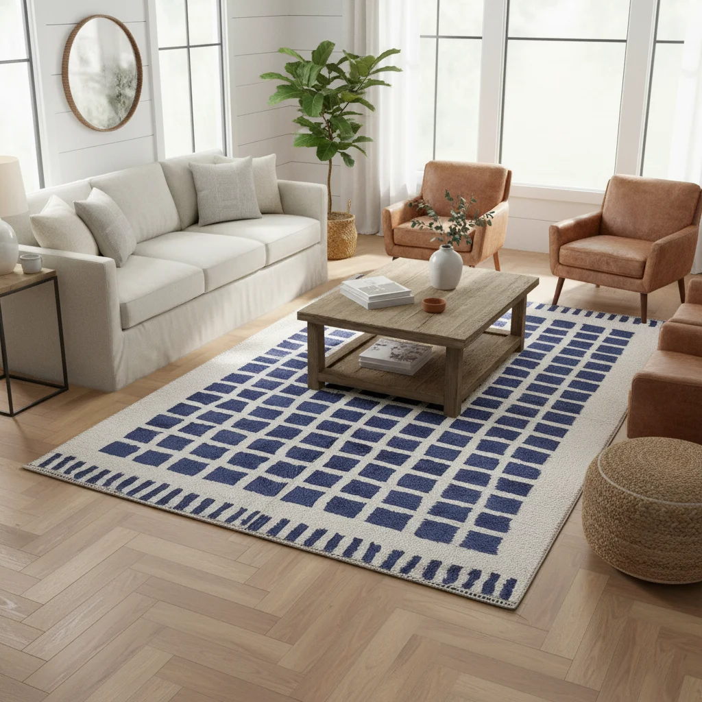 Ivory rug with indigo squares in a bright room with a cream sofa, tan leather armchairs and herringbone flooring.