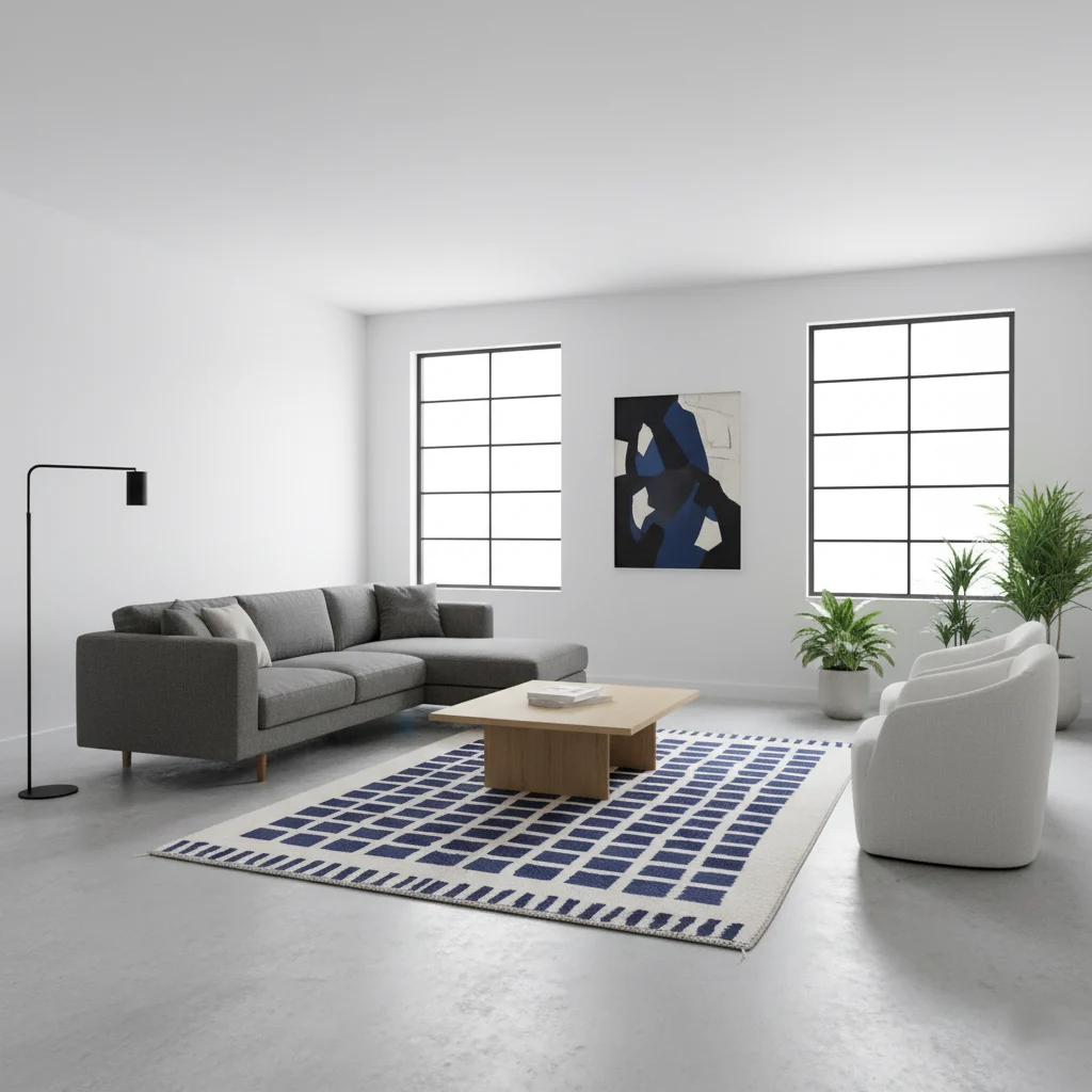 Ivory rug with indigo squares in a minimalist gray room with a charcoal sectional and a white armchair.