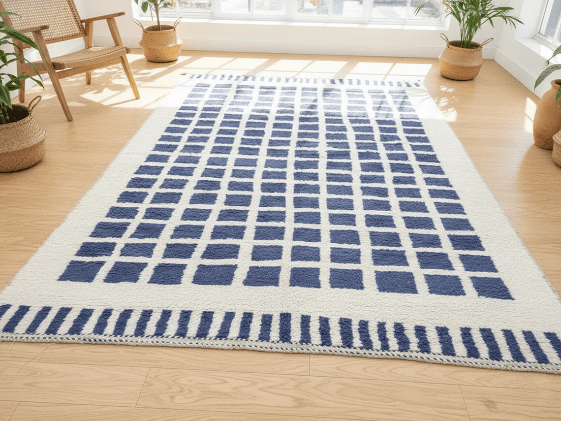 Lengthwise view of the ivory rug with indigo squares on a wood floor in a sunlit room with a cane chair and plants.