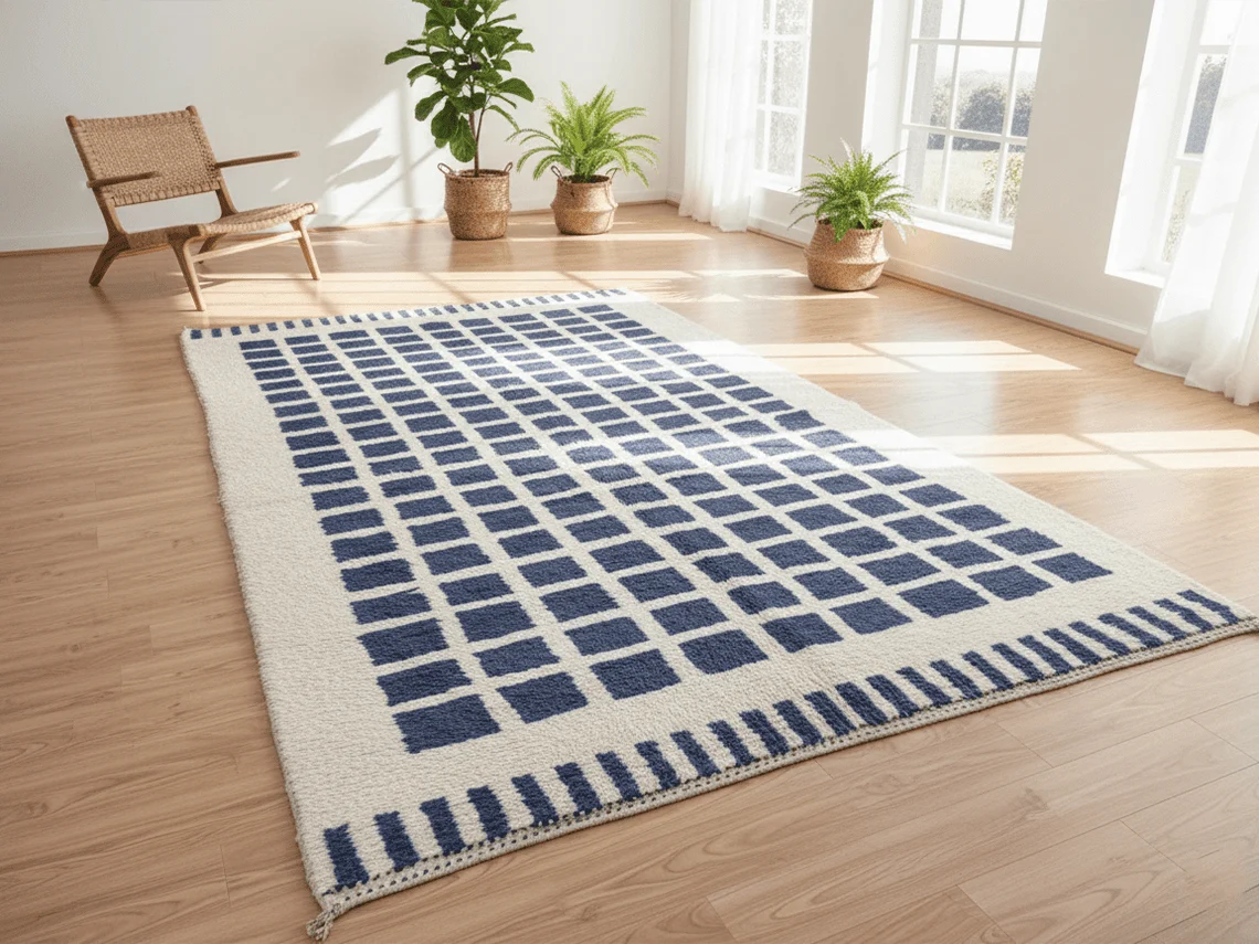 Angled view of the ivory and indigo squares rug on a wood floor with a woven lounge chair by the windows.