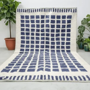 Tazrirt Moroccan Area Rug – Ivory with Indigo Blue Squares – Handmade Wool