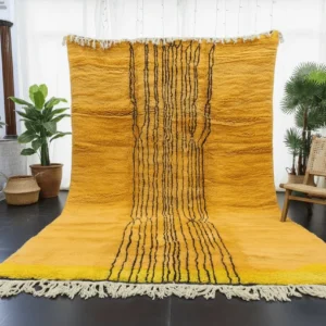 Tazrirt Moroccan Area Rug – Saffron Yellow with Black Flowing Lines – Handmade Wool