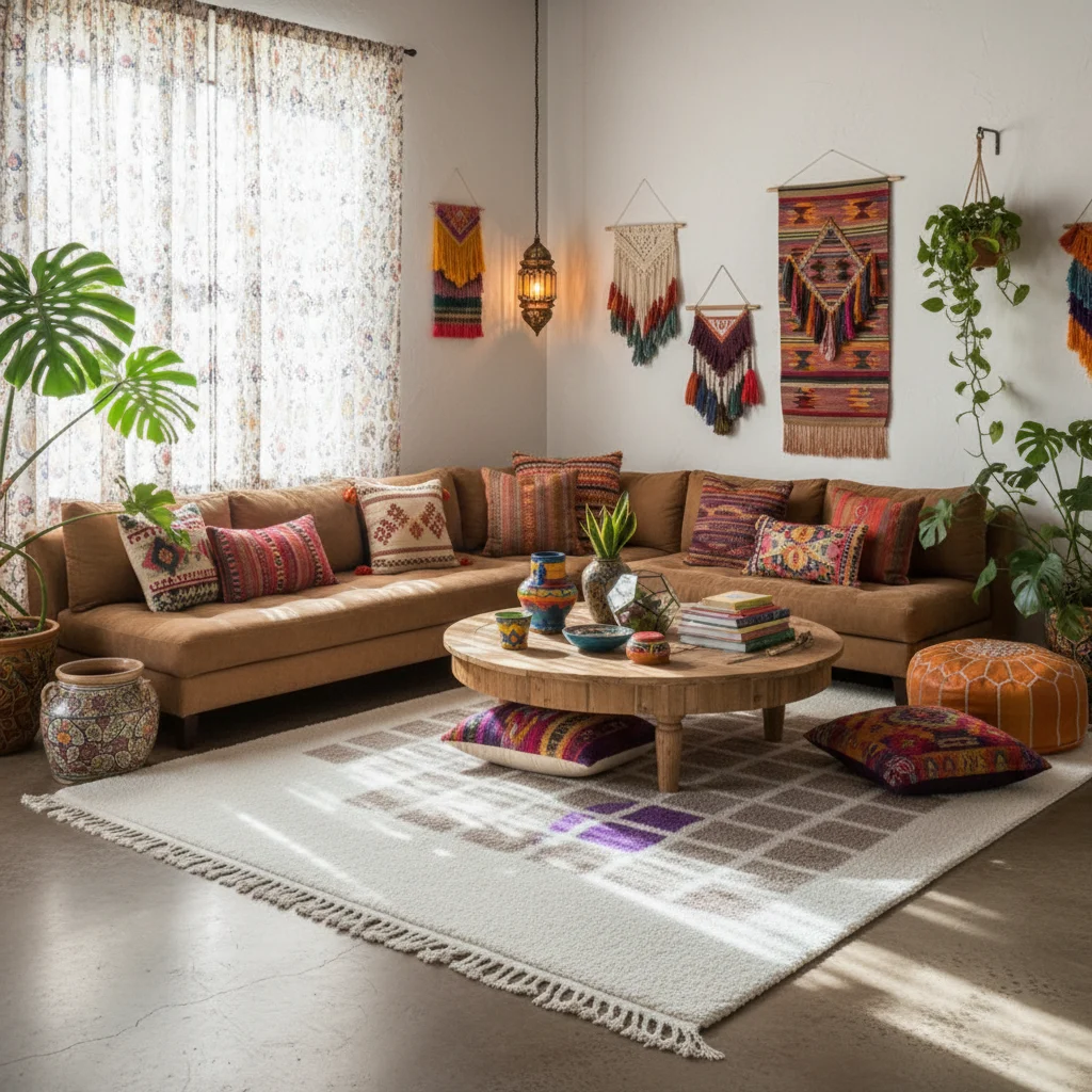 Ivory rug with beige grid and purple accent in a bohemian room with a tan sofa, woven wall hangings and floor cushions.