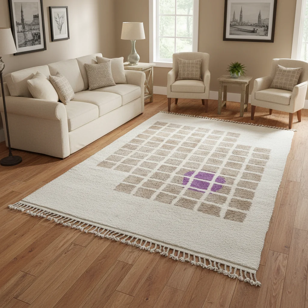 Ivory rug with beige grid and purple accent on a wood floor in a living room with a cream sofa and armchairs.