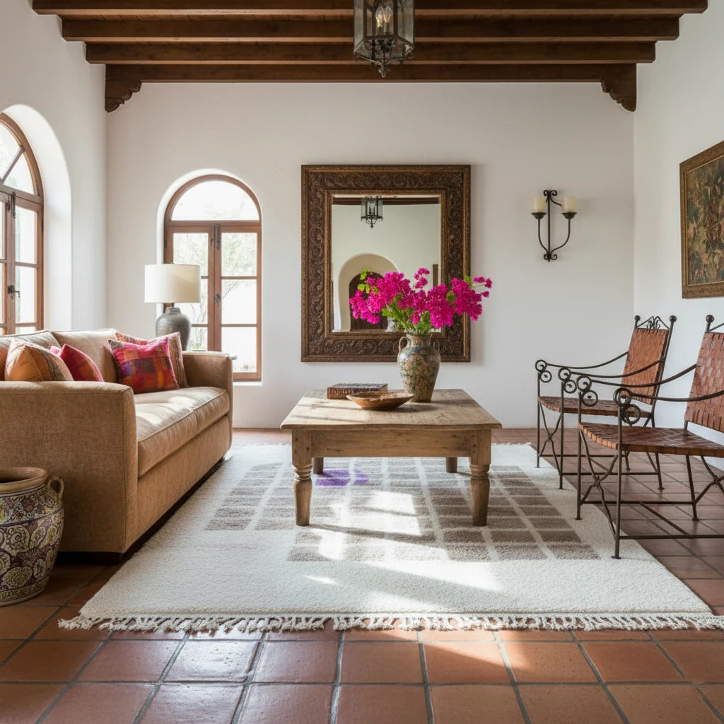 Ivory rug with beige grid and purple accent on terracotta tiles in a room with wood beams and an arched window.