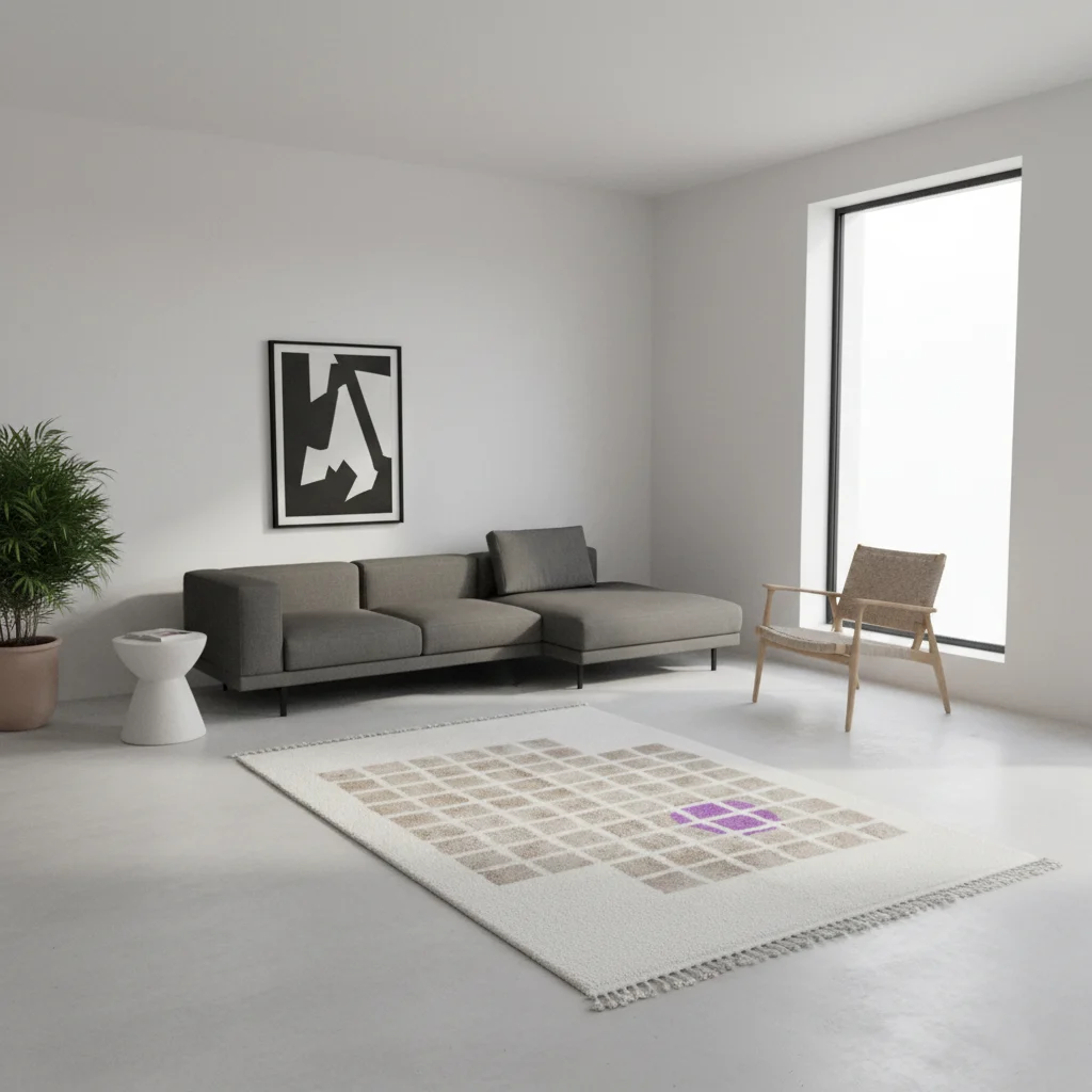 Ivory rug with beige grid and purple accent in a minimalist white room with a charcoal sofa.