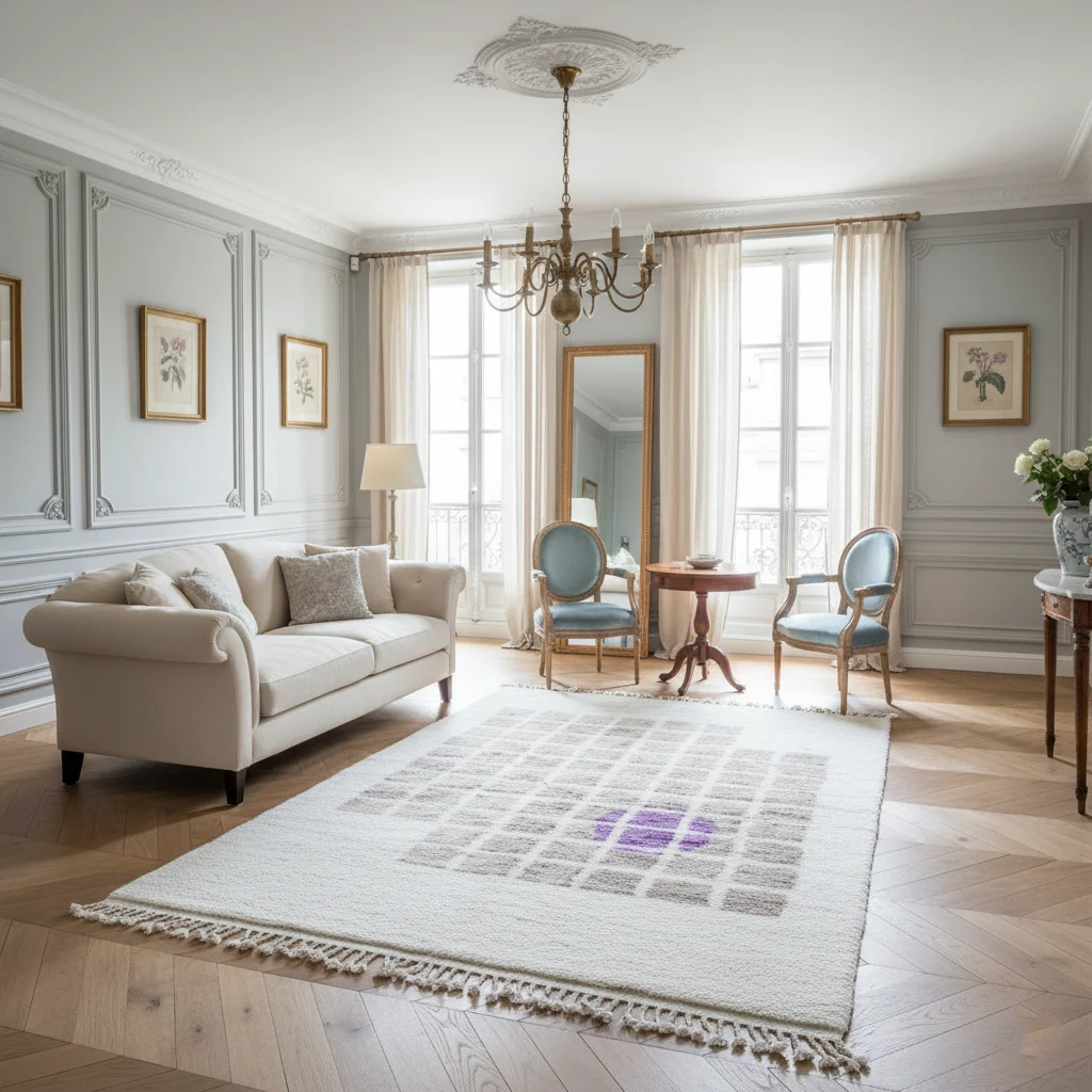 Ivory rug with beige grid and purple accent in a gray paneled salon with a cream sofa and blue chairs.