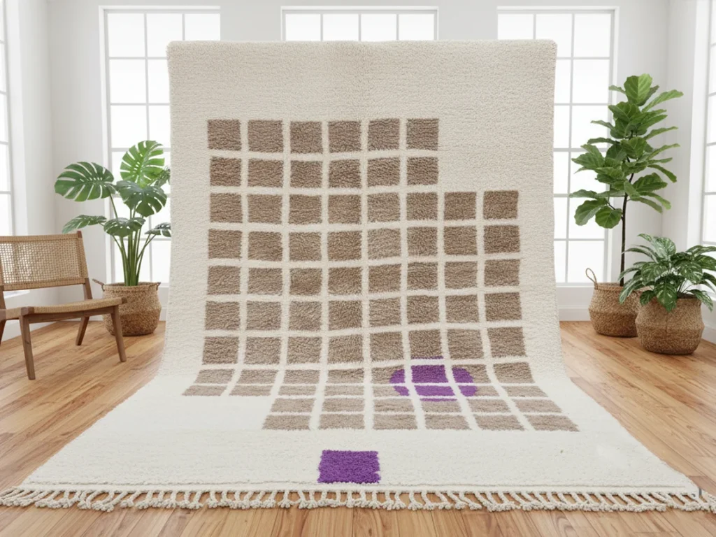 Tazrirt Moroccan Area Rug – Ivory with Beige Squares & Purple Accent – Handmade Wool