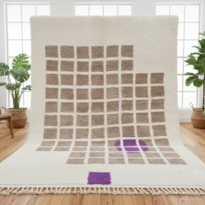 Tazrirt Moroccan Area Rug – Ivory with Beige Squares & Purple Accent – Handmade Wool