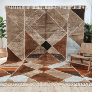 Tazrirt Moroccan Area Rug – Brown, Rust & Sky Blue Diamond Patchwork – Handmade Wool