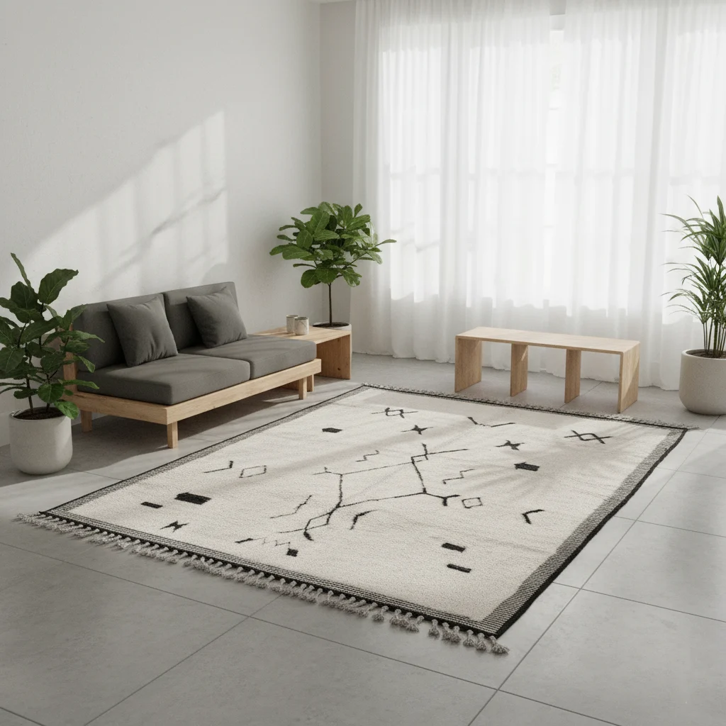 Ivory rug with black symbols in a minimalist room with a low gray sofa, a wood bench and plants.