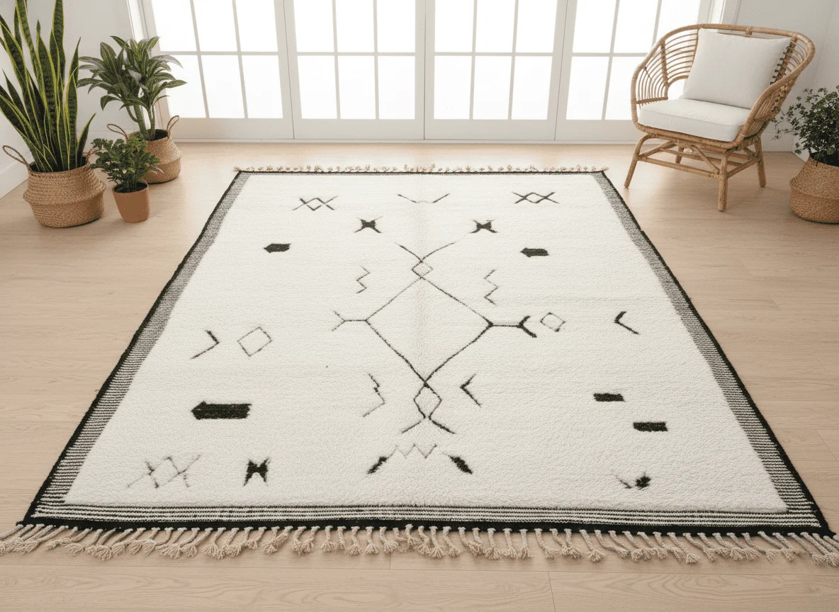 Ivory rug with black symbols and a striped border on a pale wood floor, with plants and a rattan armchair by the windows.