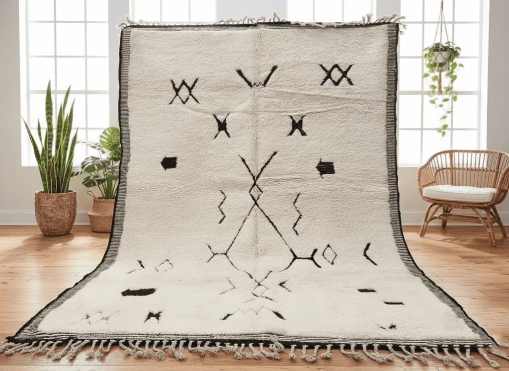 Tazrirt Moroccan Area Rug – Ivory with Black Symbols & Striped Border – Handmade Wool