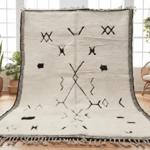 Tazrirt Moroccan Area Rug – Ivory with Black Symbols & Striped Border – Handmade Wool