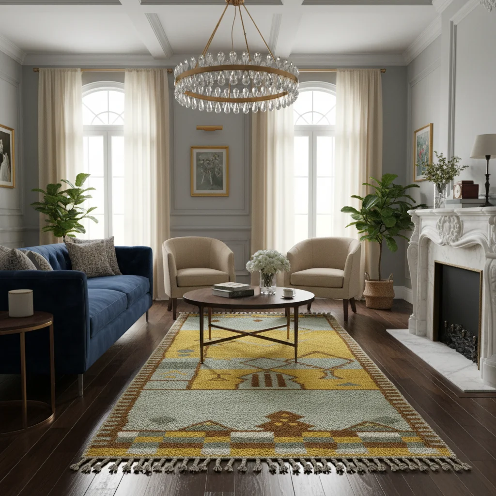Yellow and sage rug under a round table in a gray paneled room with a navy sofa and a crystal chandelier.