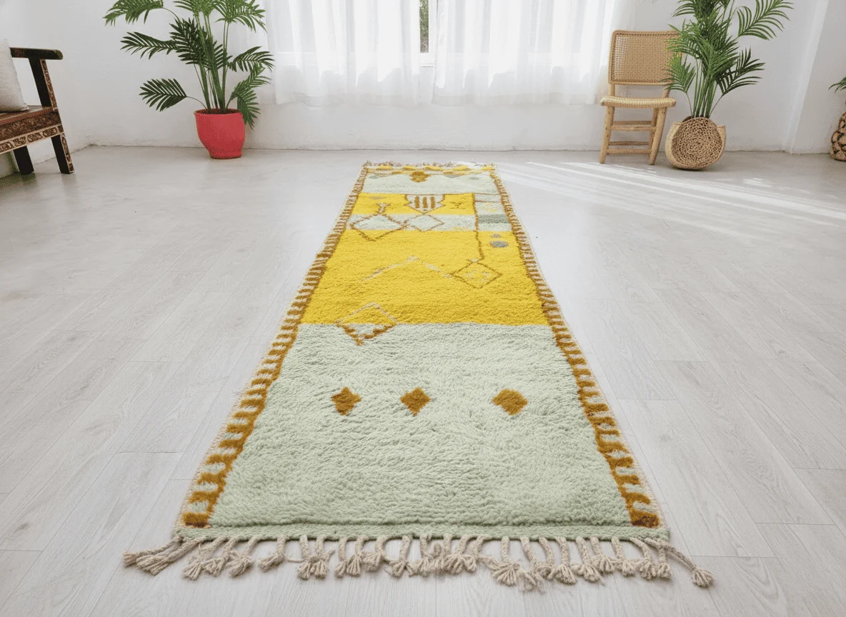 Yellow and sage runner seen lengthwise on a pale floor, with three ochre diamonds on the sage end and fringe in front.