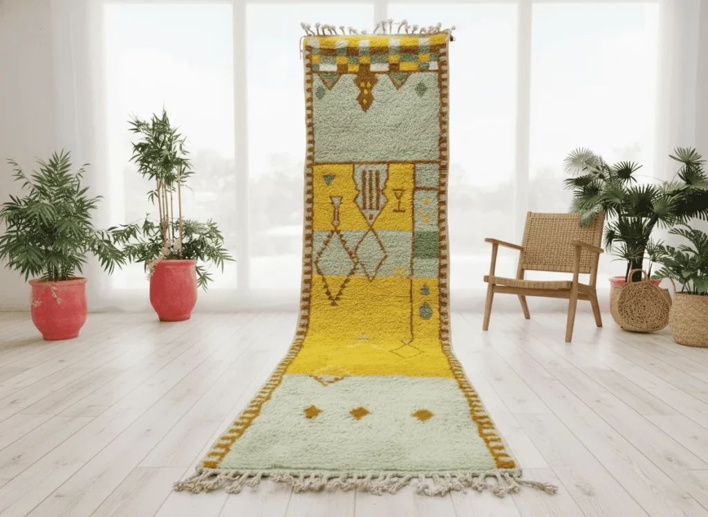 Tazrirt Moroccan Runner Rug – Yellow & Sage Green Color Blocks – Handmade Wool