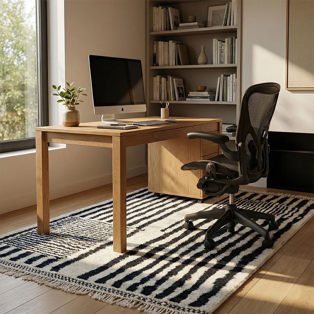 Black and ivory striped rug under a wooden desk and black office chair in a home office.