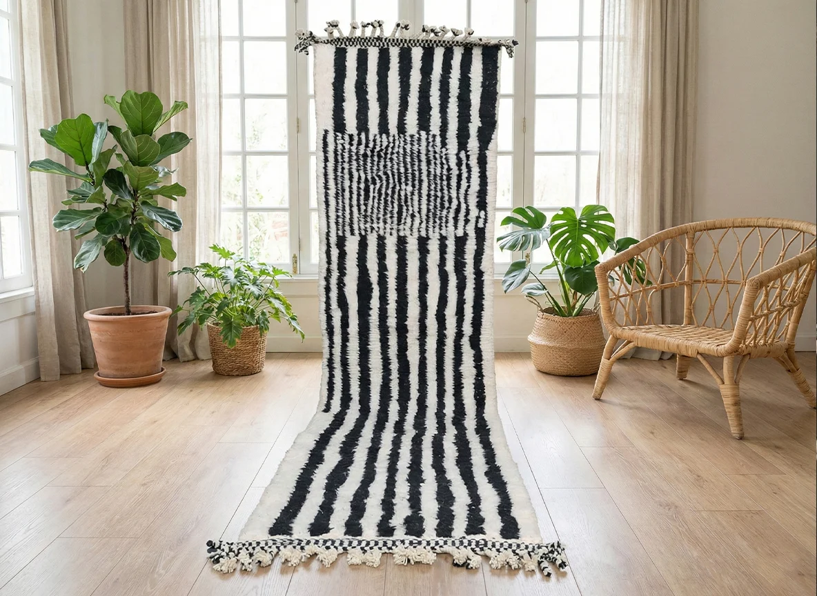 Black and ivory striped runner hung in front of tall windows, with plants and a rattan armchair.