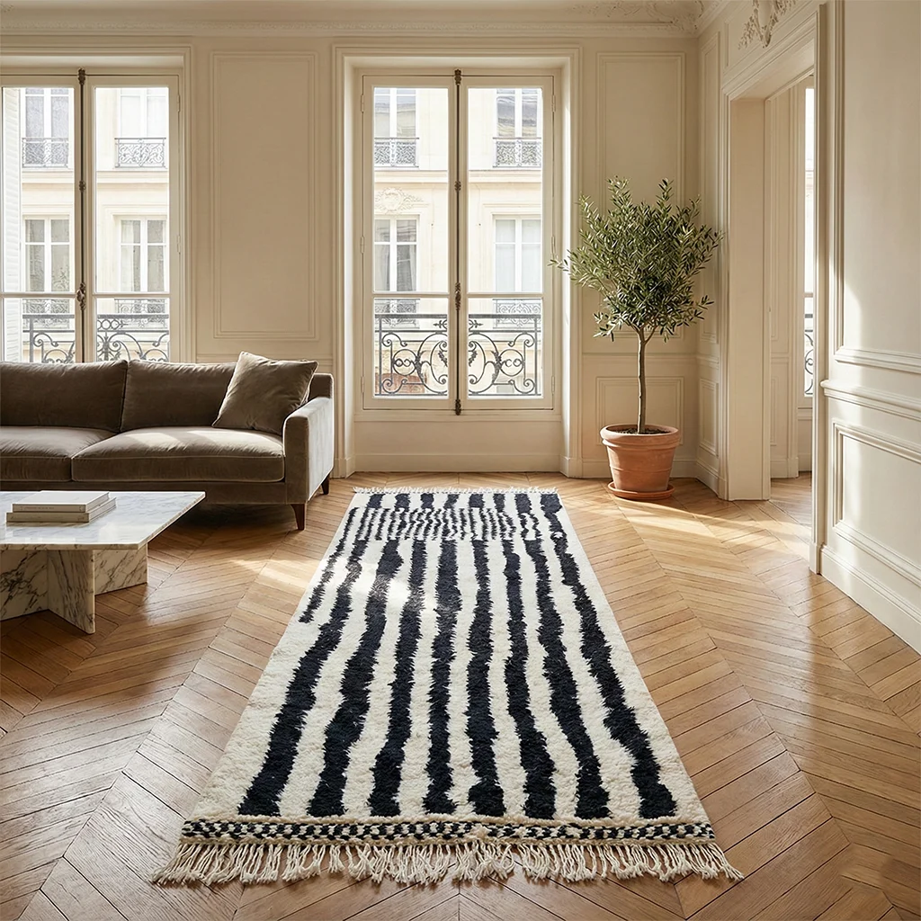 Black and ivory striped runner on herringbone parquet in a paneled room with a brown sofa and marble table.