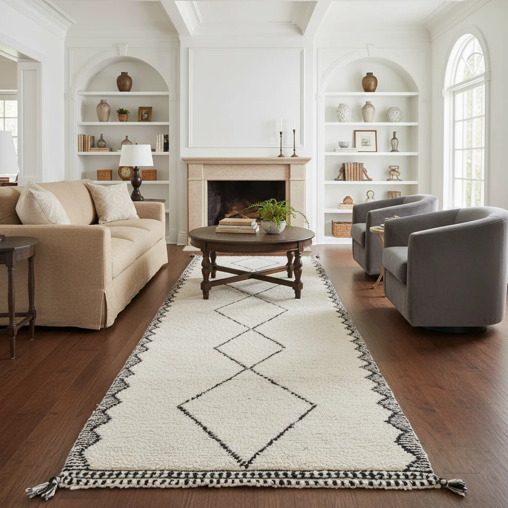 Ivory runner with black diamonds in a white living room with built-in shelves, a fireplace and gray armchairs.