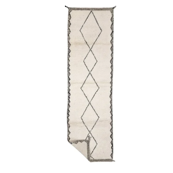 Long ivory wool runner on a white background with a chain of five black line diamonds, zigzag side borders and a folded corner.