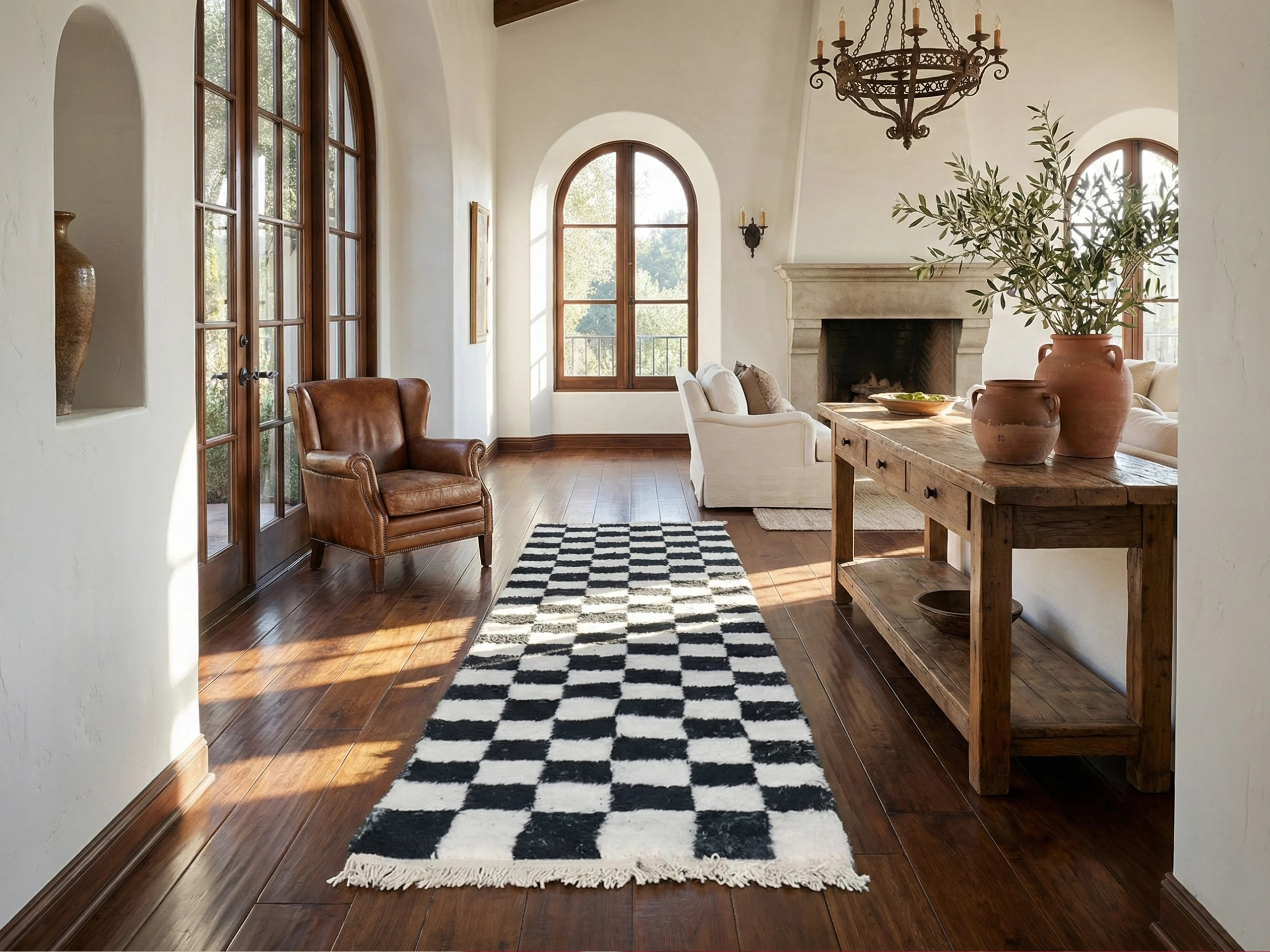 Black and ivory checkered runner in a hallway with arched windows, a dark wood floor and a console table.