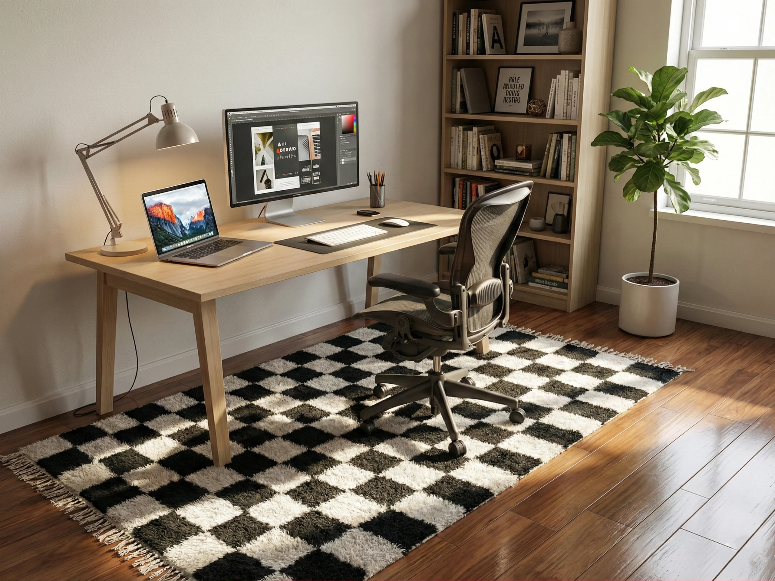 Black and ivory checkered rug under a desk and office chair in a home office with bookshelves.